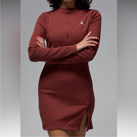 Jordan Small Dress 1/2-Zip Long-Sleeve Knit ribbed mini brown NWT - Picture 5 of 11